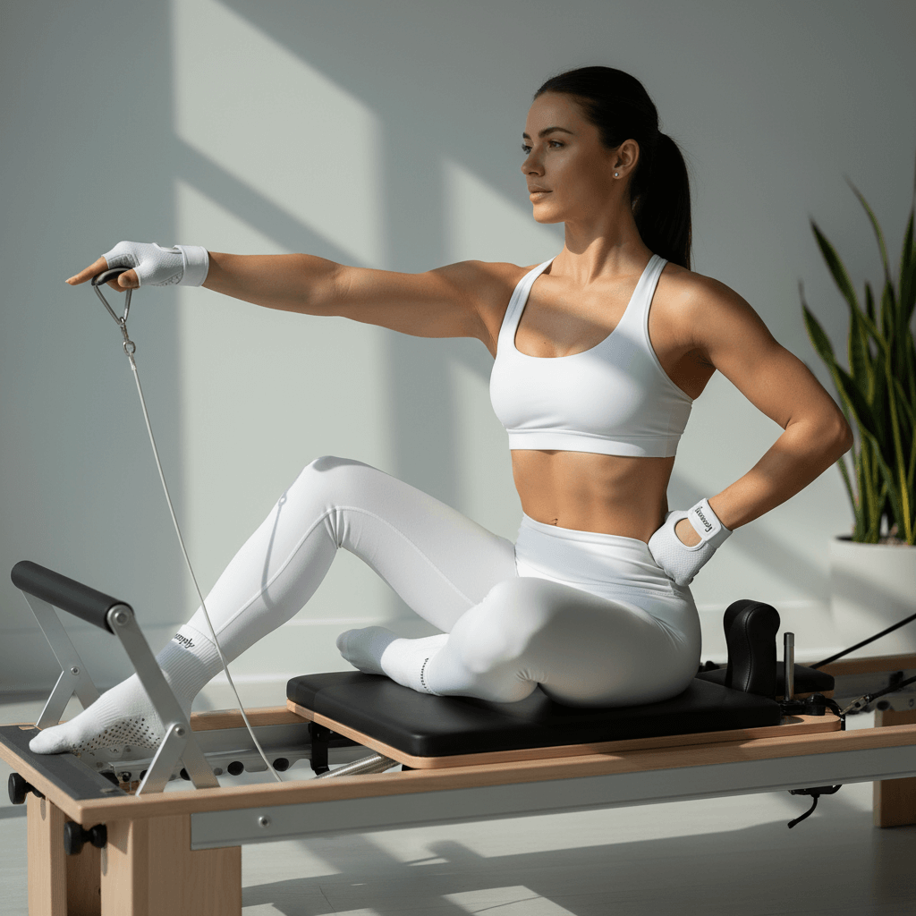 Kvinder laver reformer træning i formply handsker og sokker