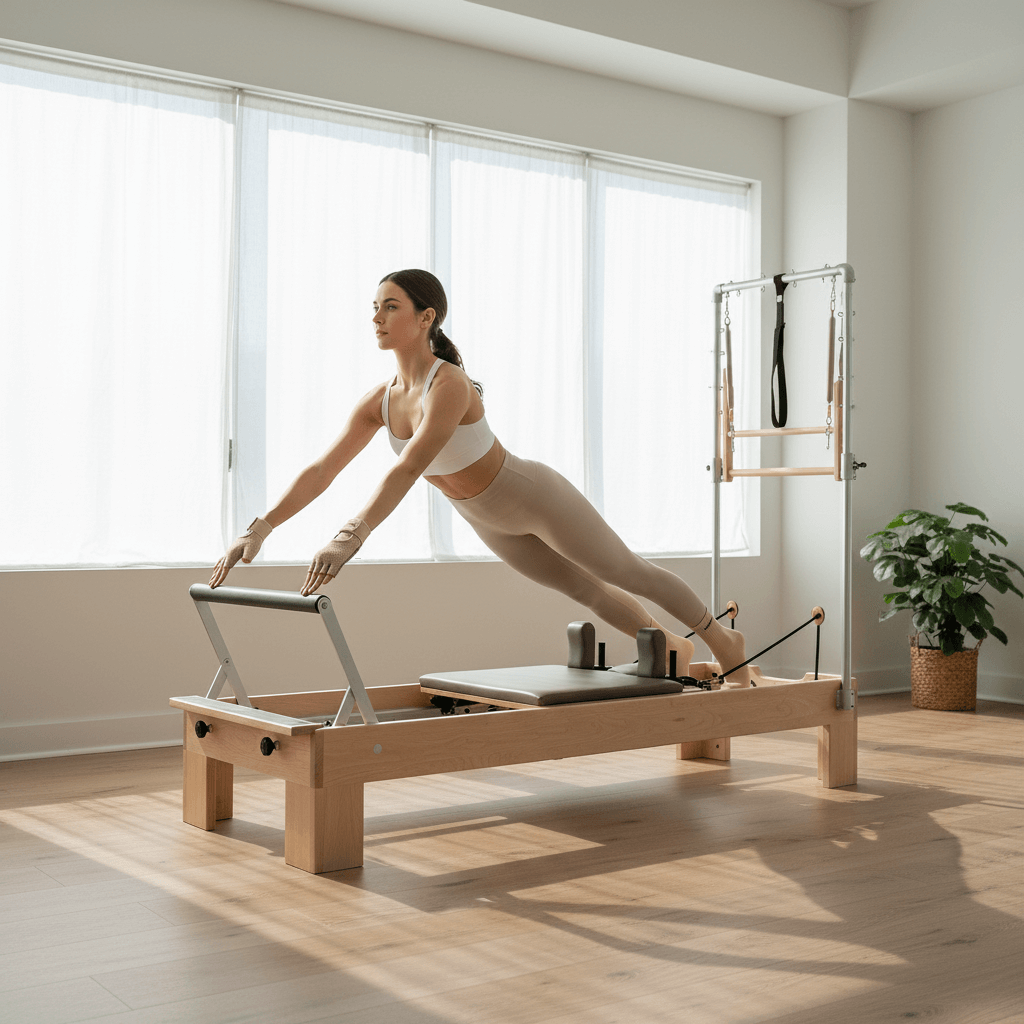 Kvinde træner på reformer med beige handsker og strømper i lyst studio